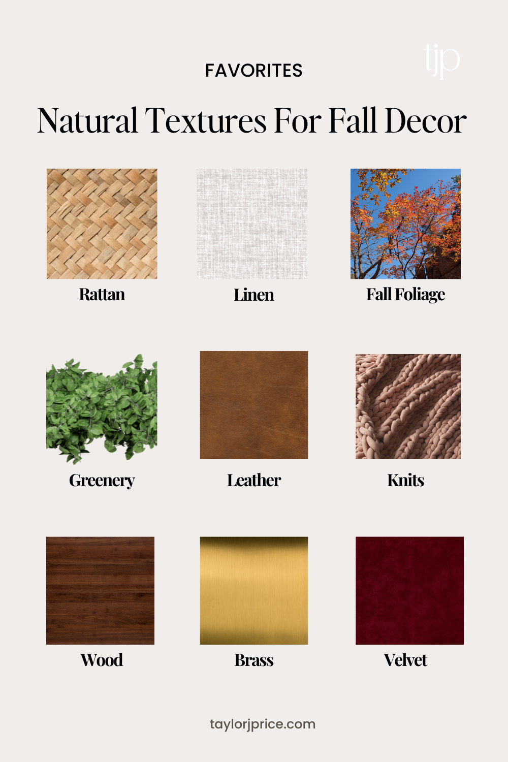 Examples of textures that can be used for a harvest tablescape in this order: rattan, linen, fall foliage, greenery, leather, knits, wood, brass, velvet