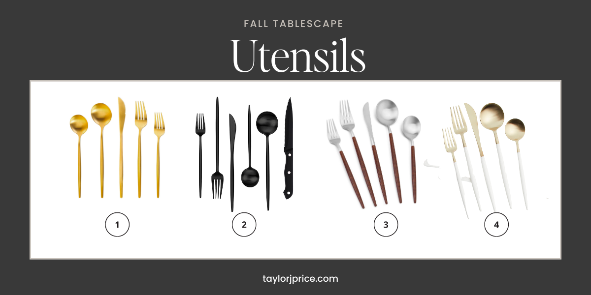 4 types of fall harvest tablescape utensils: gold, black, wooden, and white/gold