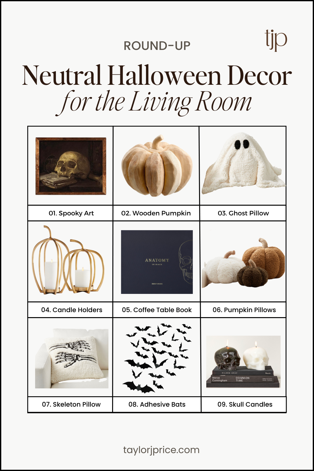 Neutral Halloween Decor for the living room: spooky art, wooden pumpkin, ghost throw pillow, pumpkin candle holders, black coffee table book, pumpkin throw pillows, skeleton hands throw pillow, adhesive bats, skull candles