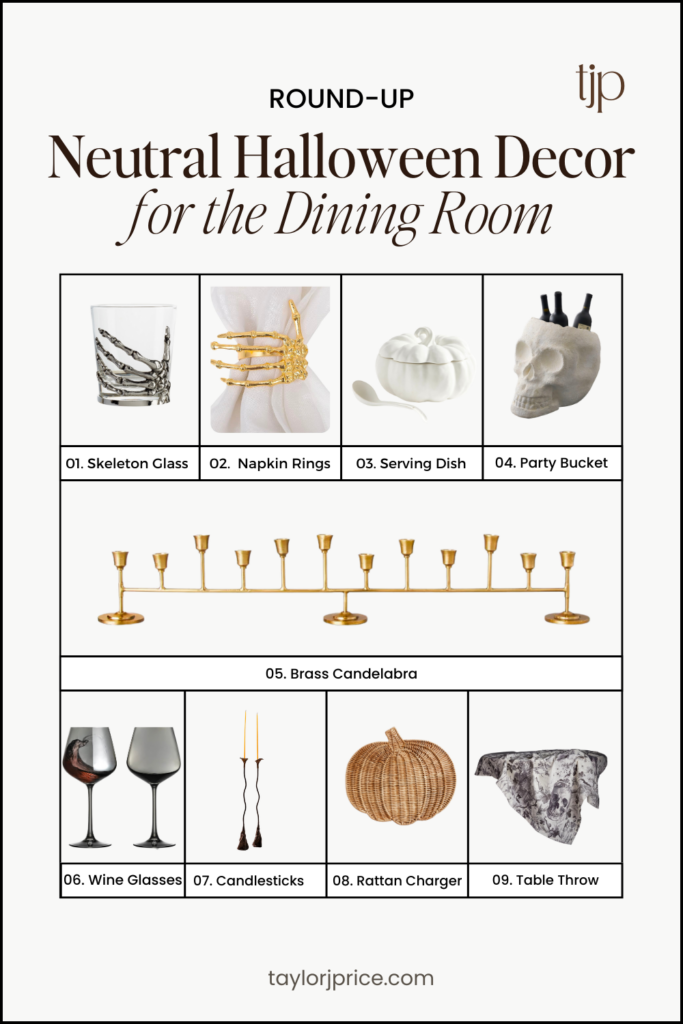 Neutral halloween decor for the dining room: skeleton hand glass, skeleton napkin ring, pumpkin serving dish, skull party bucket, brass candelabra, smoked wine glasses, candesticks, rattan charger plate, skeleton table throw