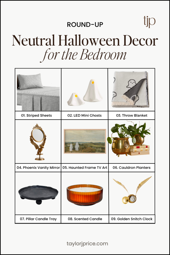 Neutral Halloween Decor for the bedroom: striped sheets, mini LED ghosts, ghost throw blanket, phoenix vanity mirror, frame tv art, brass cauldron, black candle tray, fall scented candle, golden snitch clock